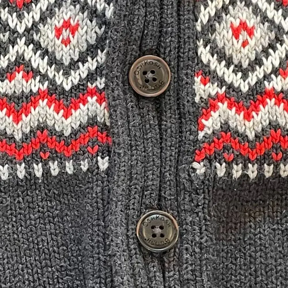 OshKosh B'gosh Cotton Fair Isle Gray Button Down Shawl Collar Cardigan, Preppy 6